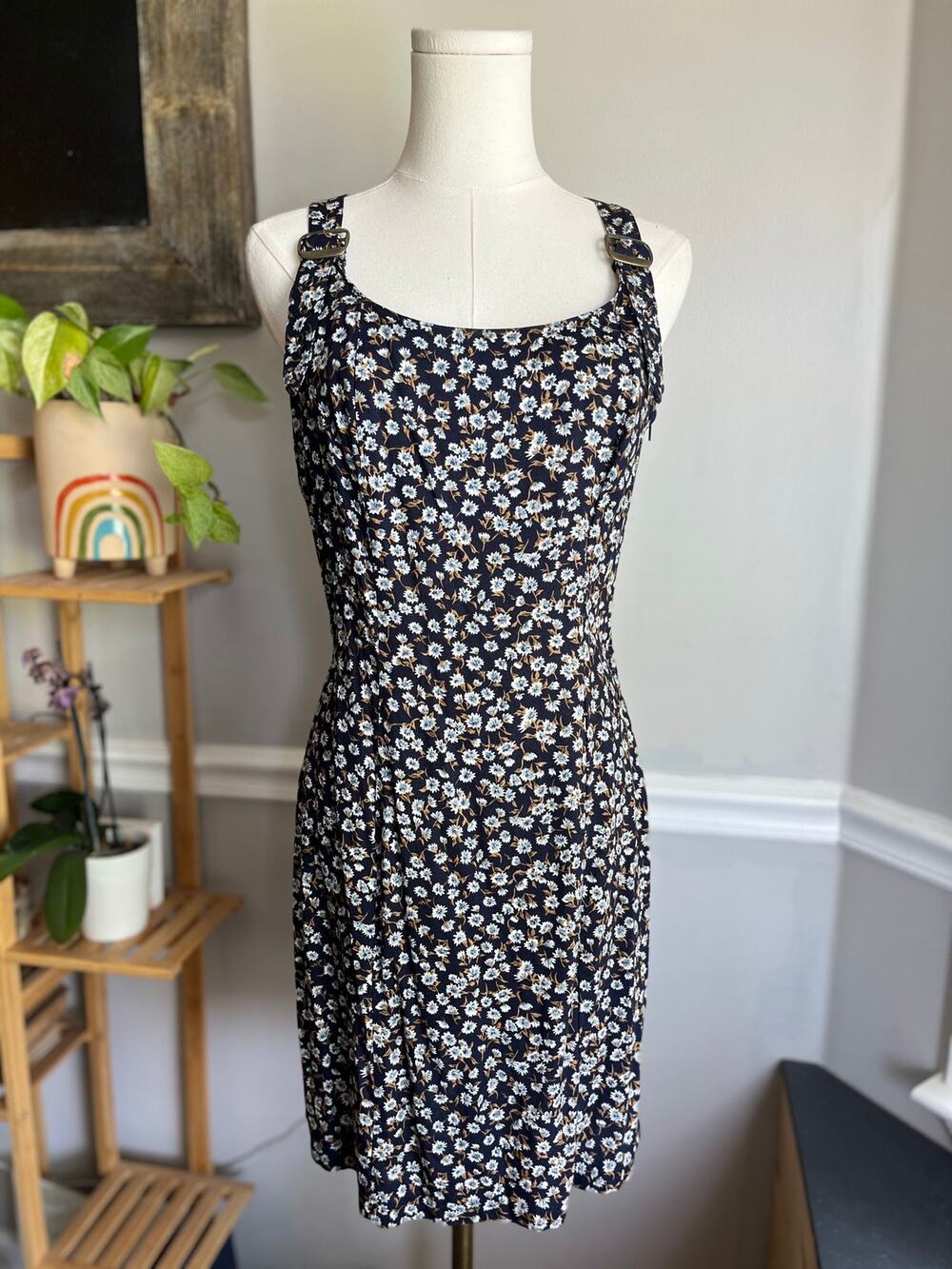 Vintage 90s Floral Dress Navy Blue Buckle Strap Rayon Size Medium